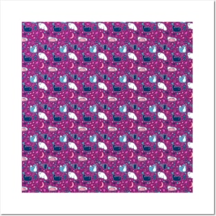 Purple Magical Kitty Pattern Posters and Art